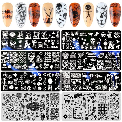 EBANKU 8PCS Halloween Nail Art Stamping Plates Templates Halloween Nail Stamp Plate Pumpkin Skull Bat Witch Nail Stamper Plates Decoration Nail Polish Stamping Plate DIY Nail Stencils Designs