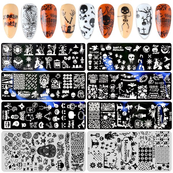 EBANKU 8PCS Halloween Nail Art Stamping Plates Templates Halloween Nail Stamp Plate Pumpkin Skull Bat Witch Nail Stamper Plates Decoration Nail Polish Stamping Plate DIY Nail Stencils Designs