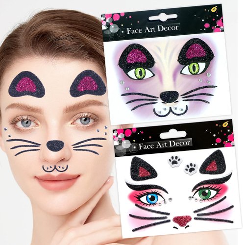Cute Cat Face Stickers Animal Face Gems Stickers Purple Pink Glitter Cat Temporary Face Sticker White Diamond Face Art Stickers Design Party Face/Eye/Body Art Accessories for Adults Children (04)