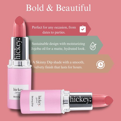 Hickey Lipstick for Women Skinny Dip Light Pink Lipstick Refillable - Experience the Luxury of a Highly Pigmented, Long-Lasting Lipstick - Gluten-Free, Vegan and Organic Matte Lipstick Finish