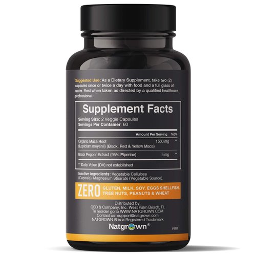 Natgrown Organic Maca Root Powder Capsules 1500 mg with Black + Red + Yellow Peruvian Maca Root Extract Supplement for Men and Women - Vegan Pills