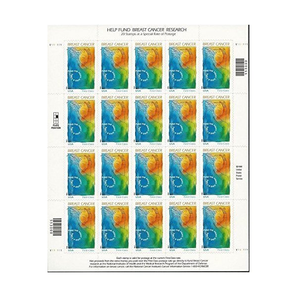 USPS Help Fund Breast Cancer Research Fund the Fight. Find a Cure. (Sheet of 20) Semi-Postal US First-Class Mail Postage Stamps 1998 Scott #B1