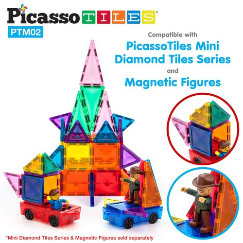 PicassoTiles 2pcs Mini Magnetic Tiles Expansion Car Truck Construction Set, Kids Building Magnet Bricks STEM & Learning Toys, Magnetic Add-ons,Car Toys, Toddler Preschool 3 years and up boys and girls
