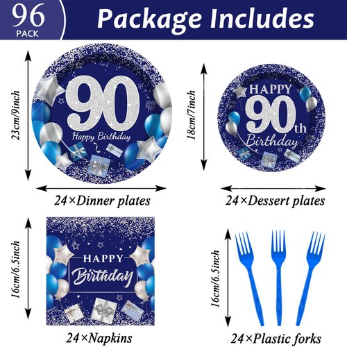 96 Pcs 90th Birthday Party Supplies Navy Blue and Silver Birthday Plates 90th Birthday Paper Tableware Happy Birthday Party Plates and Napkins Forks Blue Birthday Table Decorations for 24 Guests