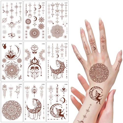 WRBAJIS 10Pcs Henna Temporary Tattoos Brown Tattoo Stickers Flower Moon Fake Tattoos Hands Body Temporary Tattoo Art Stickers for Women Girl Wedding Makeup Holiday Party Supplies