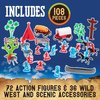 Wild West Action Figure Playset - 100+ pc Cowboys & Native Americans Figurine Toys- Set Includes Rideable Horses, Wagons, Canoes, & More - Great for Pretend Play - Xmas Gifts for Kids & Collectors