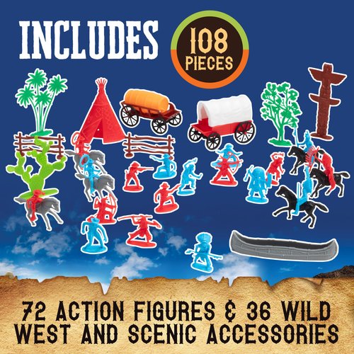 Wild West Action Figure Playset - 100+ pc Cowboys & Native Americans Figurine Toys- Set Includes Rideable Horses, Wagons, Canoes, & More - Great for Pretend Play - Xmas Gifts for Kids & Collectors
