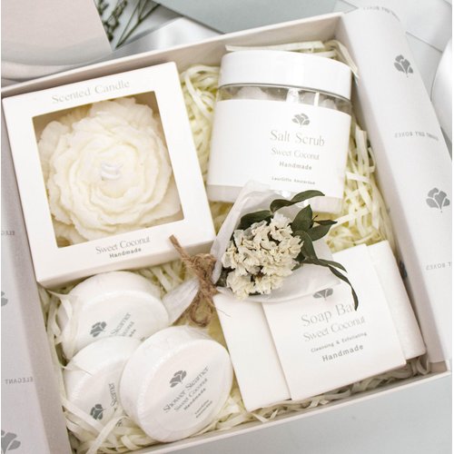 LaurGifts Sweet Coconut Spa Gift Box for Women – Birthday Gift for Her with Spa Candle Gift Set – Dutch Flower Fields Inspired Relaxing Gifts for Mom, Wife, Sister, Friend, Coworker