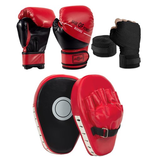 Mamxwaga 3-in-1 Boxing Gloves and Punching Mitts Set for Kids, Sports Boxing Gloves Boxing Pads with Hand Wraps, Kids Boxing Equipment Set for MMA, Karate, Muay Thai, Taekwondo
