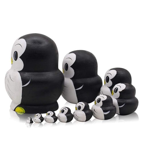 Moonmo 10pcs Animal Pattern Wooden Nesting Toys Russian Nesting Dolls Matryoshka Stacking Dolls (Penguin)