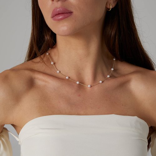 Sewyer Dainty Gold Pearl Necklace for Women 14K Gold Plated Minimalist Pearl Chain Necklace Classic Tiny Pearl Beaded Necklace Delicate Everyday Jewelry Gift