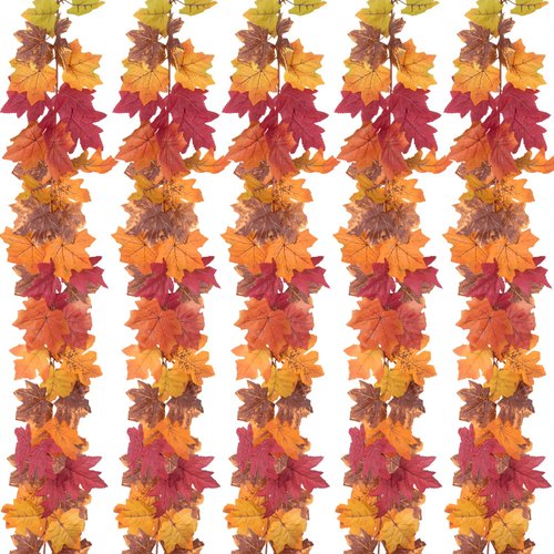 YALIOURS 5 Pack Fall Maple Leaves Garland,5.6Ft/Piece Artificial Maple Leaf Fall Decor for Home Porch, Maple Leaf Garland Autumn Decor with 10PCS Adhesive Hooks for Thanksgiving Party Decorations