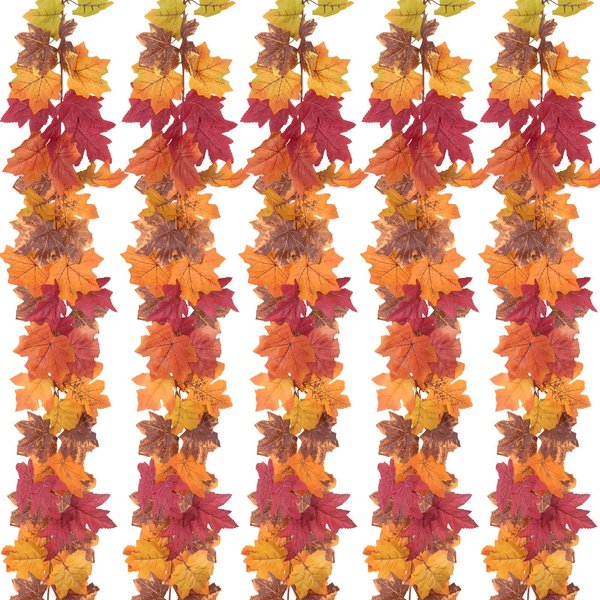 YALIOURS 5 Pack Fall Maple Leaves Garland,5.6Ft/Piece Artificial Maple Leaf Fall Decor for Home Porch, Maple Leaf Garland Autumn Decor with 10PCS Adhesive Hooks for Thanksgiving Party Decorations