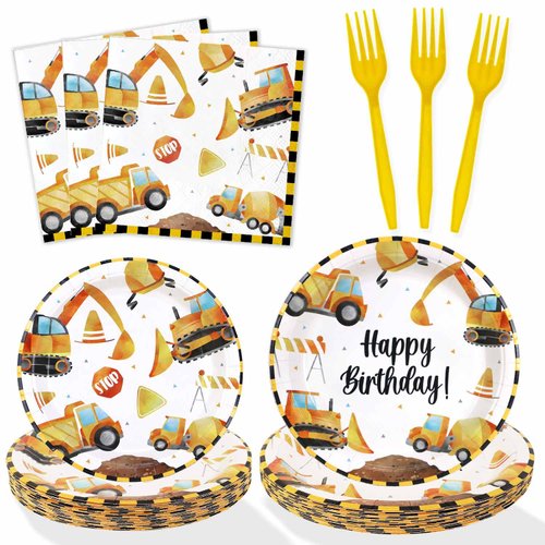 100 Pcs Construction Birthday Party Supplies Decorations Plates Set for 25 Guests, Include Plates Napkins Forks Set for Boys Kids Construction Excavator Theme