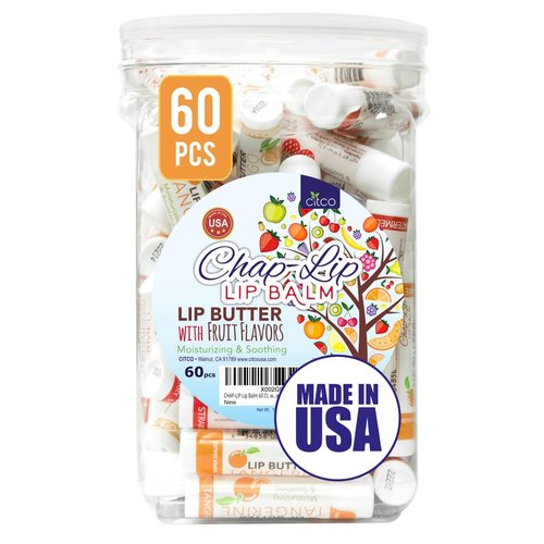 CHAP-LIP Lip Balm 60 Ct. with Fruit Flavors, Cocoa Butter, Coconut Oil. Moisturizing Vitamin E & Total Hydration Treatment & Soothing Lip Therapy Made in USA