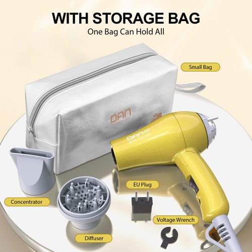 Mini Portable Hair Dryer 1200W, Travel-Friendly, Dual Voltage 125/250V, 2 Speed Settings, Foldable, Lightweight, Two Concentrator & Diffuser Nozzles, Removable Filter