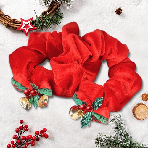 Christmas Hair Scrunchies Red Hair Ties with Bell Bow Design Elastic Hair Tie Ponytail Holder for for Women Girls Toddler Xmas Party Hair Accessories (Red)