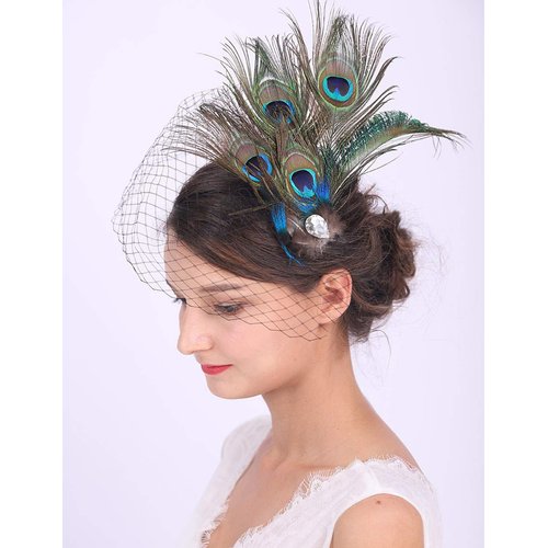 Anglacesmade Bridal Feather Hair Clip with Black Veil Peacock Feather Fascinator Bridal Short Veil for Wedding Prom Festival Party 20s Flapper Headpiece for Women and Girls