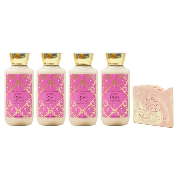 Bath & Body Works Bubbly Rose 4 Pack 24 Hour Moisture Body Lotion Set with a Himalayan Salts Springs Sample Soap