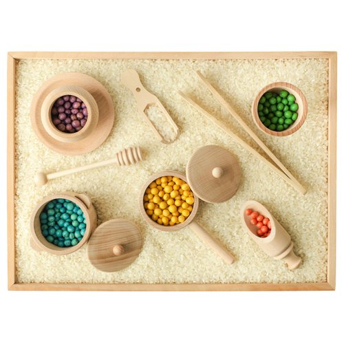 BLUE GINKGO Sensory Bin Tools - Montessori Fine Motor Skills Learning Waldorf Toys for Toddlers and Kids Pretend Play - 9 Piece Kitchen Wooden Set - Includes Wooden Scoops, Bamboo Tongs in a Gift Box