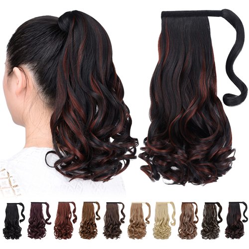 HSPJHTM Ponytail Hair Extensions, Black Ponytail Extension 16" Short Wavy Curly Wrap Around Pony Tail Heat Resistant Synthetic Hairpiece for Women Black Highlights Copper Red