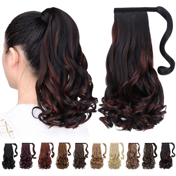 HSPJHTM Ponytail Hair Extensions, Black Ponytail Extension 16" Short Wavy Curly Wrap Around Pony Tail Heat Resistant Synthetic Hairpiece for Women Black Highlights Copper Red