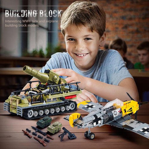 WW2 Military Toy Building Block Set, Compatible with Lego, Create The Karl Giant Mortar Tank and BF109 Fighter Plane, Perfect Military Toy Gift for Boys, and Teens Aged 8-14 (1015 Pieces)