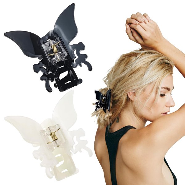 2 PACK Butterfly Hair Claw Clips for Women, Cute Non-Slip Matte Jaw Strong Hold Butterfly French Design Hair Clamps for Women Girls Thick Thin Hair