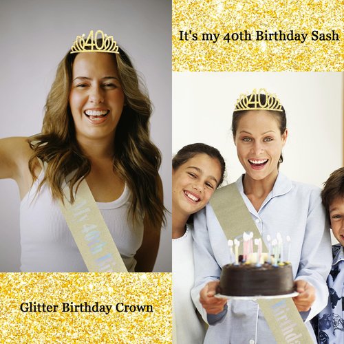 CURASA Birthday Sash and Crown for Women 40th Birthday Sash Gold Birthday Crown Adult Women Rhinestone Birthday Tiara Gold Its My 40th Birthday Sash Birthday Decoration for Party Gifts