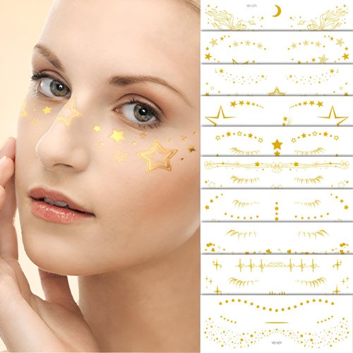 10Pcs Gold Glitter Star Freckles Tattoo Sticker,Faux Freckle Patches Waterproof Temporary Tattoos Heart Design,Gold Glitter Freckles Face Tattoo,Cute Glitter Makeup Accessories for Women Girls