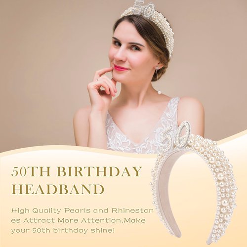 FASOTY 50th Birthday Pearl Crown 50th Birthday Tiara for Women Happy Birthday Headband with Rhinestones 50th Birthday Presents for Her Birthday Accessories for Women 50th Birthday Decorations