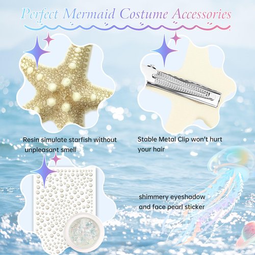 JELUTAR 3 Pcs Starfish Hair Clips Set, Mermaid Costume Accessories with Face Body Glitter and Pearl Stickers for Women Girls, Perfect for Halloween and Cosplay, White Glitter Combo