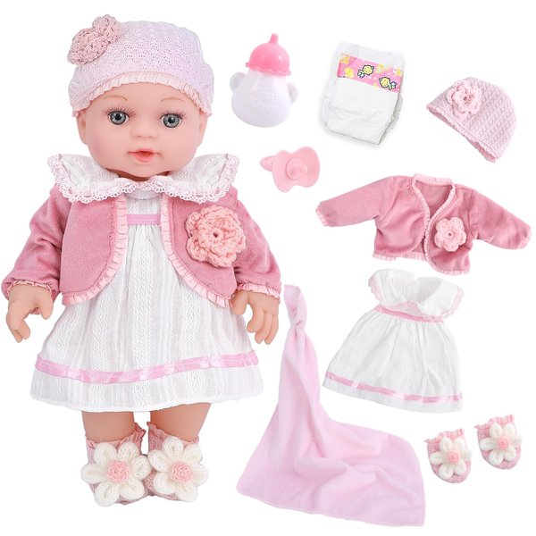 DOTVOSY 12" Girl Baby Dolls Playset Adoption Realistic Soft Baby Doll with Clothes Accessories Include Outfits,Pacifier,Disposable Diaper,Blanket,Feeding Bottle Toy Stuff for Toddler 3 Ages and Up