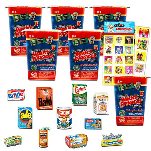 Wacky Packages Series 3 Mini Figurines Set - Bundle with 6 Wacky Packages Series 3 Minis Blind Bags with Mini Figures Plus Garbage Pail Kids Stickers | Wacky Packages 3D Minis