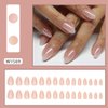 LRKNNO Almond Press on Nails Short Fake Nails Nude Glue on Nails with Designs Glossy Chrome False Nails French Almond Shaped Artificial Nails Reusable Stick on Nails for Women and Girls 24pcs