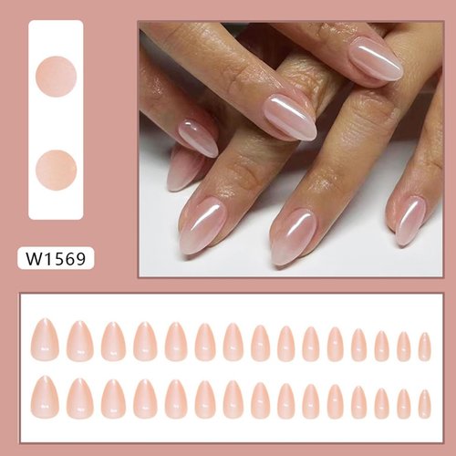 LRKNNO Almond Press on Nails Short Fake Nails Nude Glue on Nails with Designs Glossy Chrome False Nails French Almond Shaped Artificial Nails Reusable Stick on Nails for Women and Girls 24pcs