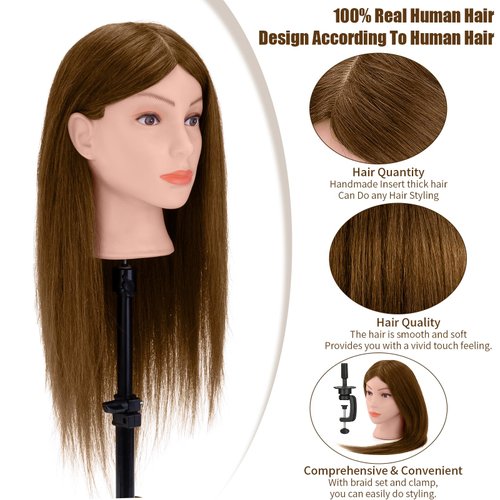 Mannequin Head 26" 100% Real Hair, Doll Head for Hair Styling & braiding with Table Clamp Holder + DIY Hair Styling Set, Mannequin Head for Cosmetology Training Head and Stylist Supplies（Light brown）