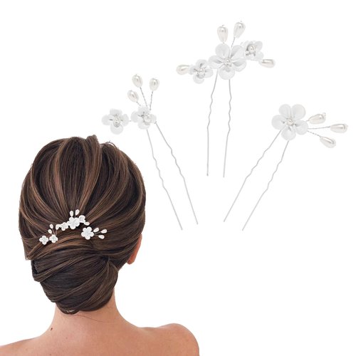 Foryysa Bridal Wedding Hair Pins for Women White Flower Headwear Pearl Leave Elegant Handmade Sparkly Bride Design (3 pcs)