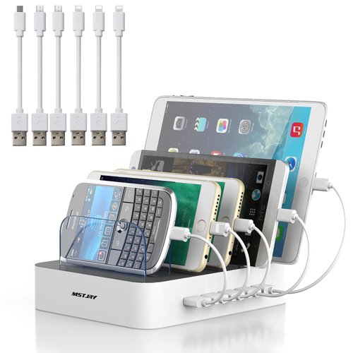 Charging Station for Multiple Devices, MSTJRY 5 Port Multi USB-A Charger Station with Power Switch Designed for iPhone iPad Cell Phone Tablets (White, 6 Mixed Short Cables Included)