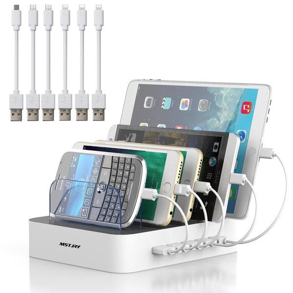 Charging Station for Multiple Devices, MSTJRY 5 Port Multi USB-A Charger Station with Power Switch Designed for iPhone iPad Cell Phone Tablets (White, 6 Mixed Short Cables Included)