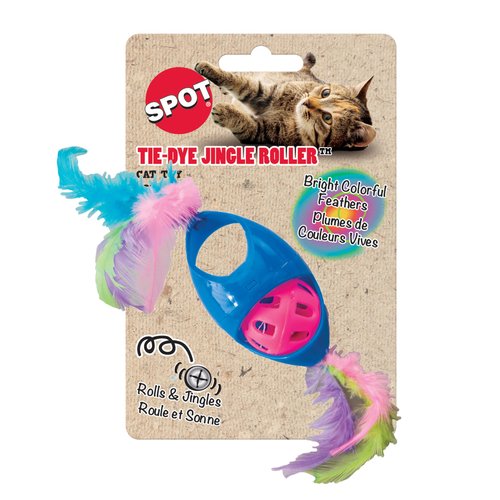 SPOT Tie-Dye Jingle Roller Cat Toy - Colorful Plastic Cat Toy with Ball, Bell, Feathers, and Catnip, Fun for Cats and Kittens of All Ages - 8in Long, Assorted Colors (1 Toy)