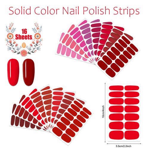 JERCLITY 224 Pieces 16 Sheets Red Solid Color Nail Strips Nail Wraps for Women Pink Nail Polish Strips Self-Adhesive Nail Stickers Full Nail Wraps for Girls Nail Art with Nail File
