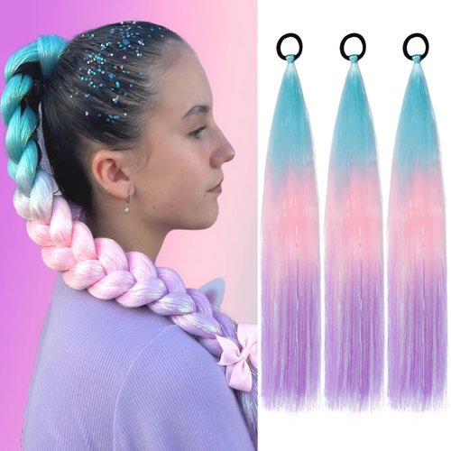 PORSMEER 3 Pack Hair Tinsel Colored Braided Ponytail Extension,colorful Gradient Hair Extensions with Elastic Tie Wrap Around Braiding Sparkling Hair Extension for Braids 24inch