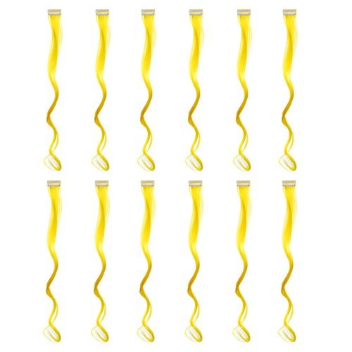 SWACC 12 Pcs Curly Wavy One Color Party Highlights Clip on in Hair Extensions Colored Hair Streak Synthetic Hairpieces (Yellow)