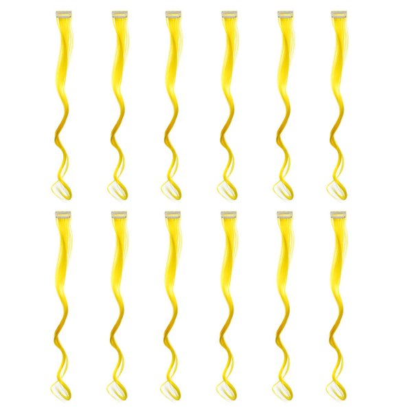 SWACC 12 Pcs Curly Wavy One Color Party Highlights Clip on in Hair Extensions Colored Hair Streak Synthetic Hairpieces (Yellow)