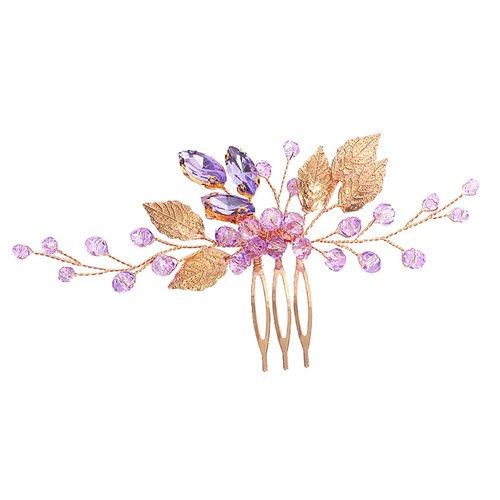 Wedding Crystal Hair Comb Purple Bridal Hair Comb Decorative Side Comb Rhinestone Leaf Hair Veil Comb Teardrop Hair Accessory for Women Girls