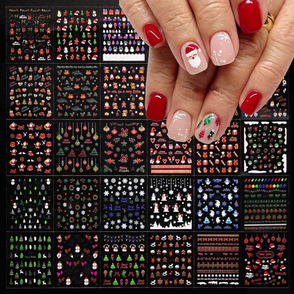 30 Sheets Christmas Nail Stickers for Nail Art Snowflake Snowman Nail Stickers Santa Elk Tree Xmas Nail Design Stickers 3D Self-Adhesive Nail Decals Winter Holiday Nail Art Decorations Accessories