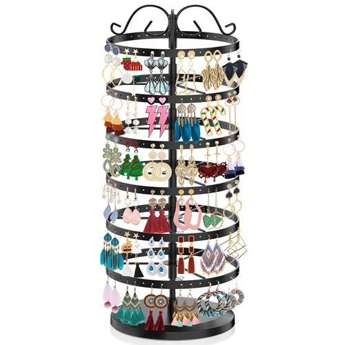 iDavosic.ly 6 Tier Metal Rotating Earring Holder Organizer, 264 Holes Earring Storage Display Tower Rack, Adjustable Earring Tree Organizer for Women Girl (Black)