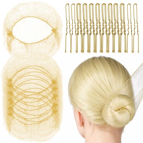 FANDAMEI 20PCS Hair Nets Invisible and 40PCS U Shaped Hair Pins Set, 20PCS 50cm Hair Nets for Bun Gold Elastic Edge Mesh and 40pcs Hair Bun Pins for Women, girls, Ballet Bun Maker Dance (Gold)