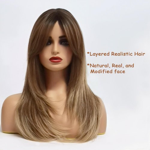 Long Brown Wig for Women Curtain Bangs Wig Layered Shoulder Length Heat Resistant Synthetic Wigs for Women with Bangs 24 IN
